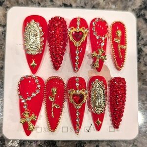 Red and Gold Embellished Nail Set